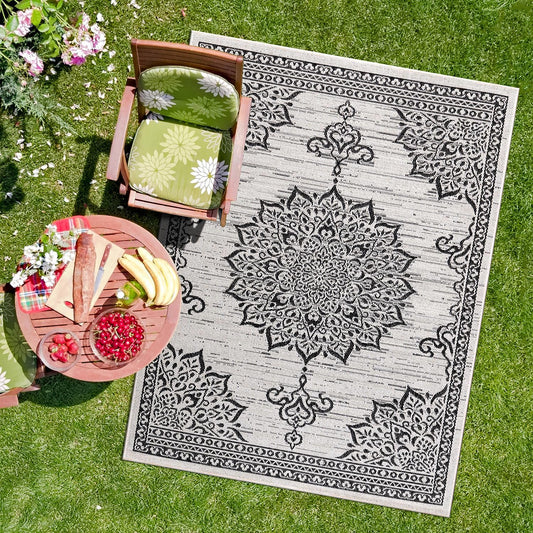 CAMILSON Outdoor Rug, 8x10 Medallion White Black Modern Area Rugs for Indoor and Outdoor Patios, Kitchen and Hallway Mats, Washable Porch Deck Outside Carpet (Medallion White, 8 x 10)