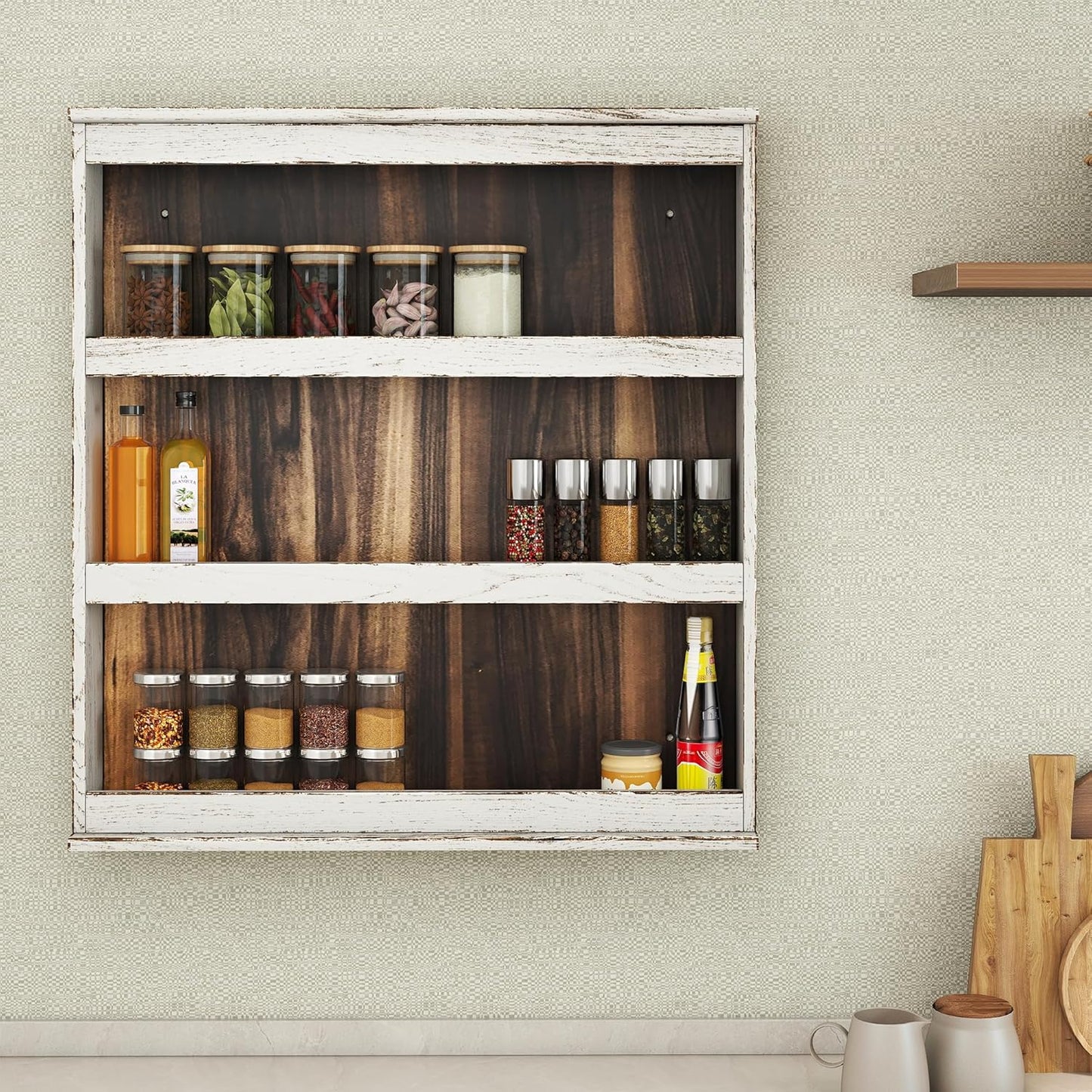 Nisorpa 3 Tier Spice Rack Wall Mount, Rustic Burnt Wood Wall Hanging Spice Rack Kitchen Spice Shelf Organizer for Seasoning Jars or Condiment Bottles, 19.68 x 3.35 x 21.25 Inches