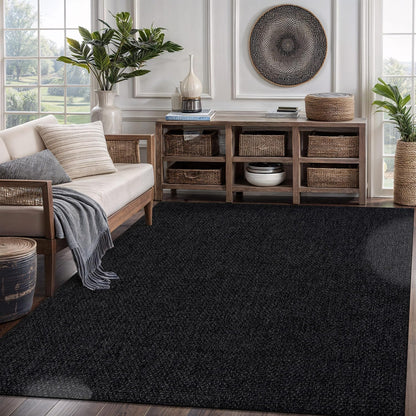 CAMILSON Easy Jute Rug 6x9, Indoor Outdoor Dark Gray Black Farmhouse Area Rugs for Living Room Patio and Kitchen Rug, Solid Boho Woven Design, Easy-Cleaning, Washable Outside Carpet Alfombras (6 x 9)