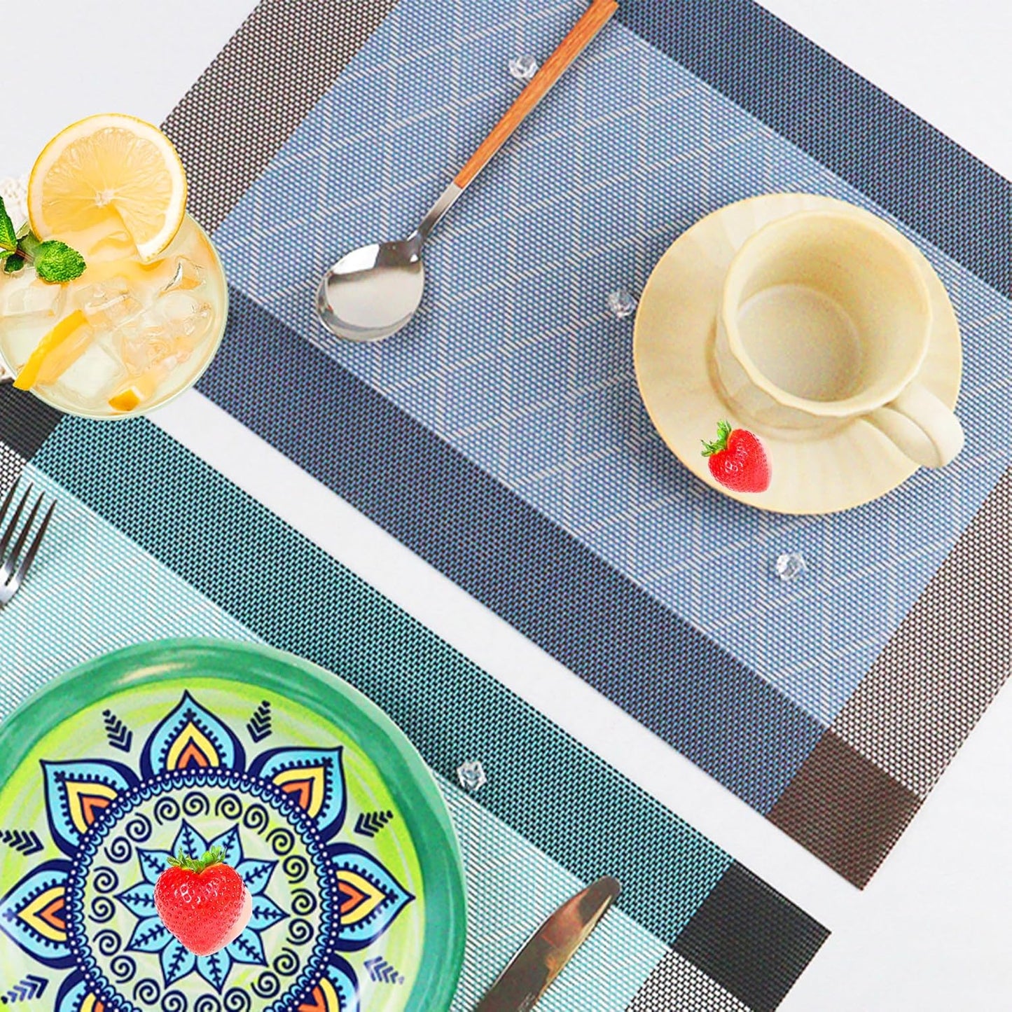 CADONO Placemats Set of 6 Washable Indoor/Outdoor Vinyl Place Mats for Dining Table Durable Non-Slip Heat Resistant PVC Weave Table Mats（Rhombus-Blue）