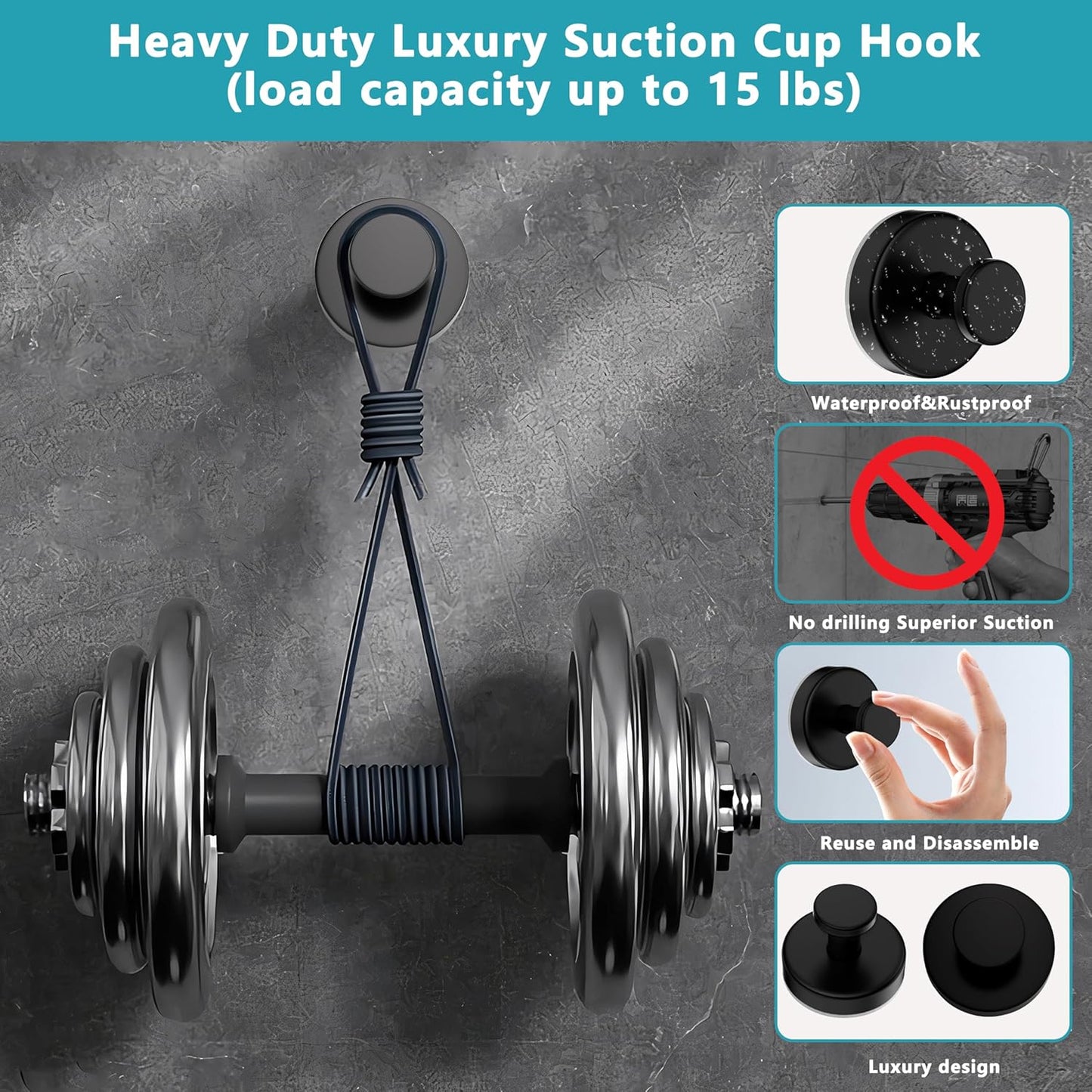 Suction Cup Hooks for Shower,Removable No Drill Towel Hooks,Upgraded 15 lbs Strong Suction hooks for Bathroom Tile,Shower Wall,Glass Door,Kitchen-Loofah,Coat,Stainless Waterproof-Matte Black 4 Pcs