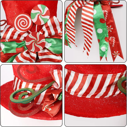 yofit Christmas Tree Topper Hat, Large Red Hat with Striped Bow Ribbon & Lollipop, Christmas Tree Decorations Top Hat, Desktop Ornaments for Home Xmas Holiday Winter Decor
