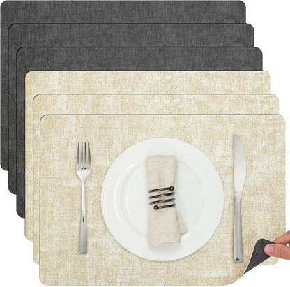Myir JUN Dual Sided Faux Leather Placemats Set of 6 Indoor/Outdoor Square Non-Slip Washable Table Mats (Gray Cream-White)