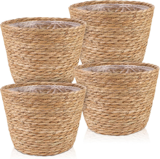 4 Pcs Large Premium Seagrass Planter Basket with Plastic Lining Natural Stylish Planter Baskets Indoor Outdoor Plants Woven Wicker Baskets for Plants Flower Pots Cover and Room Decor(10.2x7.5x7.5")
