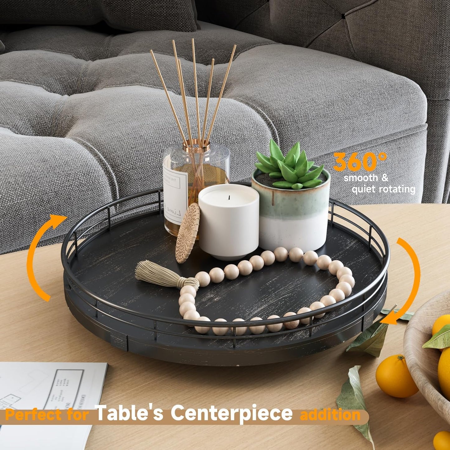 10" Oak Bathroom Vanity Tray Turntable for Perfume Candle, Round Wooden Decorative Tray for Kitchen Sink Countertop Organizer, Bathroom Counter Organizer for Skincare Makeup, Farmhouse Black Gold