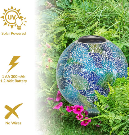 Sunnydaze 10 inch Solar Gazing Ball for Garden - Glass Outdoor Gazing Globe - Crackled Azul Terra