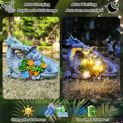 Solar Dragon Statue with LED Lights, Dargon Lover Gifts with Succulent and 6 LED Lights for Outdoor,Solar Dragon Decor for Yard, Garden and Patio, Unique Garden Statue for Mom Grandma