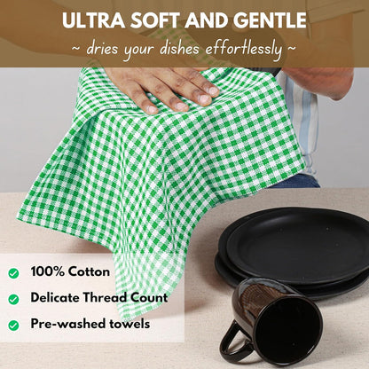 Native Fab Set of 12 Gingham Mini Check Kitchen Towels 16"x26" - Cotton Dish Towels - Soft Absorbent Hand Towels with Hanging Loop, Washcloths for Quick Drying, Cleaning - Green White
