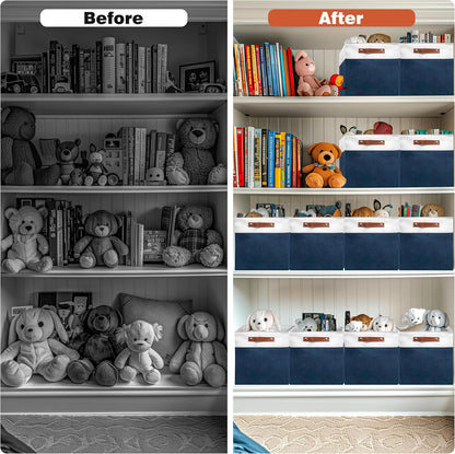 13in Open Fabric Storage Basket with Leather Handles for Organizing, Collapsible Linen Closet Bins for Shelves, Closets, Laundry, Decorative Basket for Gifts. (White＆Blue, 2PCS/13x13in)