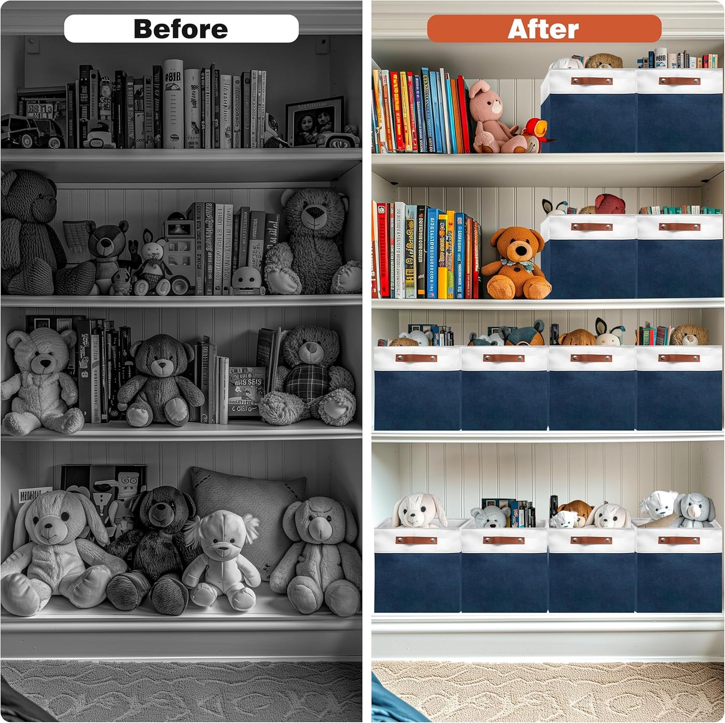 13in Open Fabric Storage Basket with Leather Handles for Organizing, Collapsible Linen Closet Bins for Shelves, Closets, Laundry, Decorative Basket for Gifts. (White＆Blue, 3PCS/13x13in)