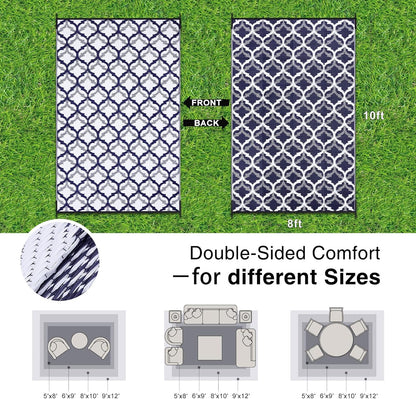 OLANLY Reversible Outdoor Rug 8x10 ft Clearance, Waterproof Outdoor Plastic Straw Rug with Interlacing Pattern, RV Mat for Patio, Camping, Balcony, Deck, Backyard, Navy & White