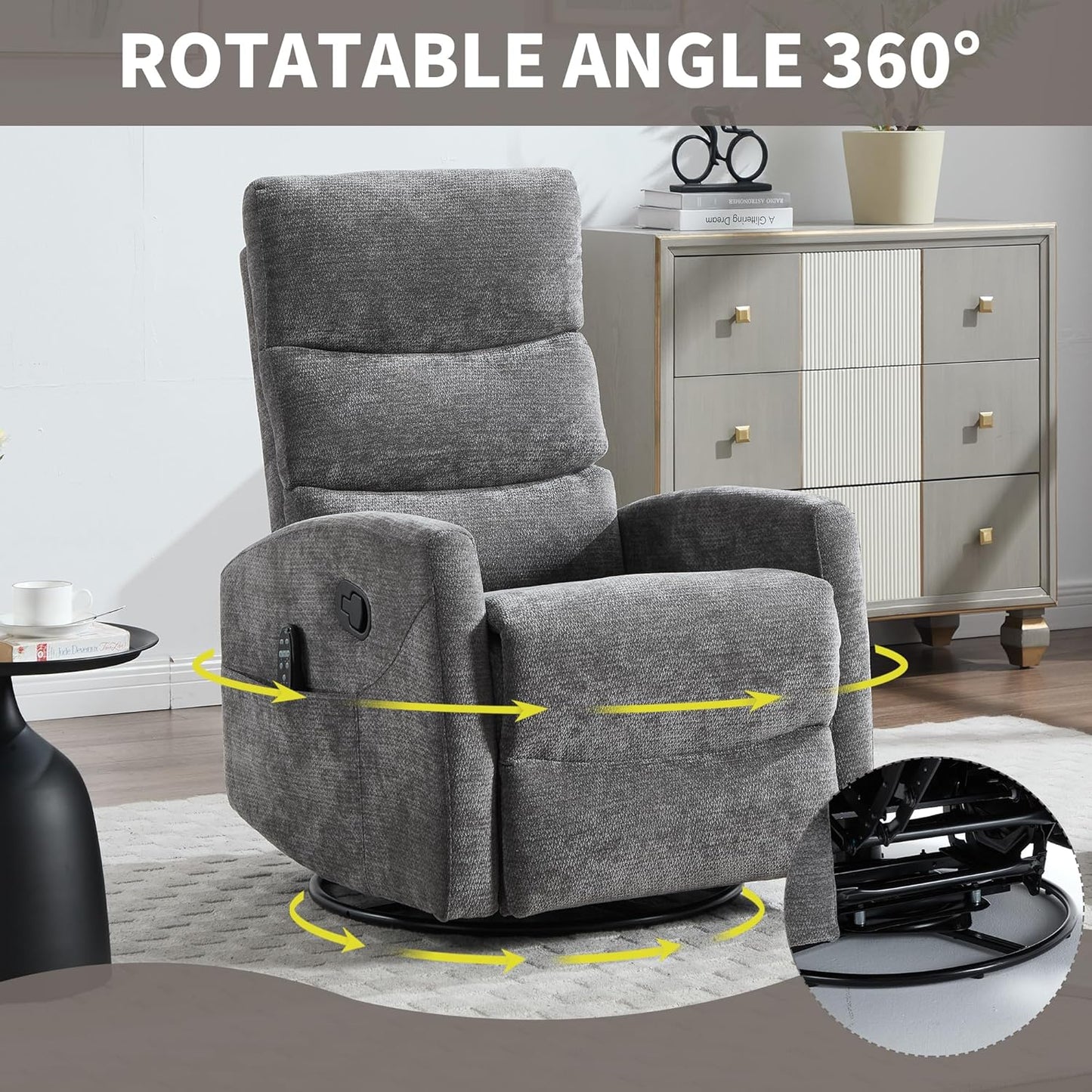 Manual Swivel Rocker Recliner Chair for Adults, Overstuffed Reclining Glider Chair for Nursing with Vibration Massage & Heat, Living Room Rocking Recliner 3-Stage backrest, Chenille Fabric Dark Gray