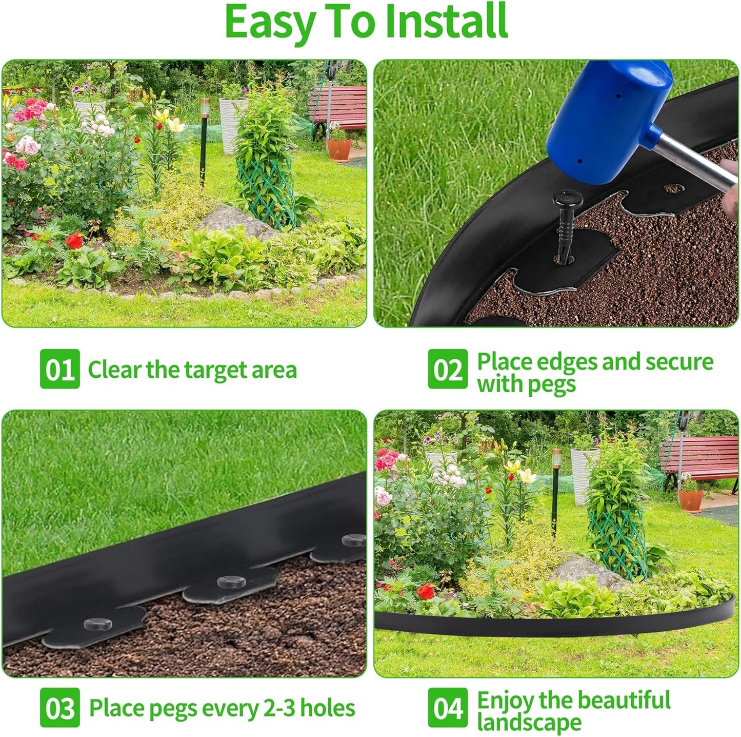 Garden Landscape Edging Kit Flexible Lawn Edging, Landscape Edging Border 33 FT with 30 Spikes, 2" Tall No Dig Garden Edging Roll for Landscaping Flower Beds Yard Pathway (2IN x 66FT, Black)