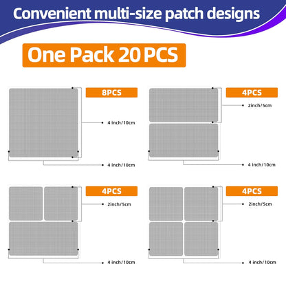 KING MOUNTAIN Grey Window Screen Repair Patch, 20Pcs 4" x 4" Heavy Duty Screen Repair Tape for Window Screen and Screen Door Tears Holes,Strong Adhesive & Waterproof Window Screen Repair Kit
