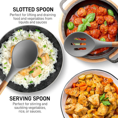 Zulay Kitchen Utensils Set Non-Stick Silicone Cooking Utensils Set with Authentic Acacia Wood Handles - 5 Piece Silicone Utensil Set - Kitchen Utensils Set with 464°F Heat Resistance - Gray