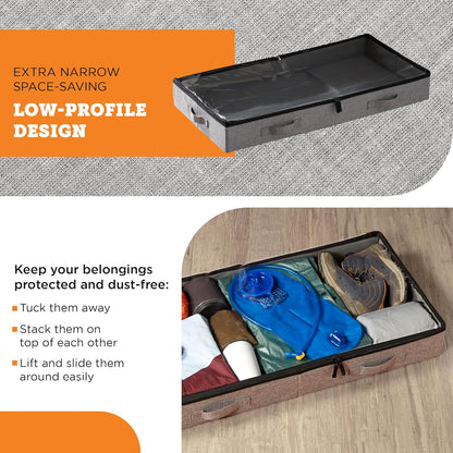 storageLAB Under Bed Storage Containers, Low Profile Underbed Organizers with Sturdy Handles, Dual Zippers, and Clear Windows, Ideal for Clothes, Pillows, and Blankets - 2 Pack, Low Profile, Gray