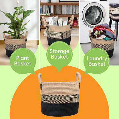 14"x12" Natural Jute Rope Woven Storage Basket with Handles for Plant, Blankets,Toys - Living Room Home Decor,Multifunctional Basket for Organizer,Picnic,Artificial Tree Black and Beige