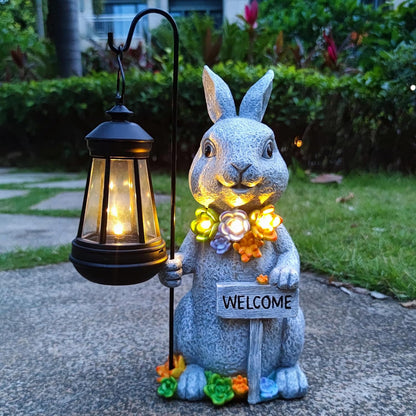 Rabbit Solar Lights Lantern Garden Statues with Succulent and 4 LED Lights - Outdoor Bunny Welcome Figurines Decorations for Patio Yard Lawn Ornaments Gifts for Birthday Easter Housewarming