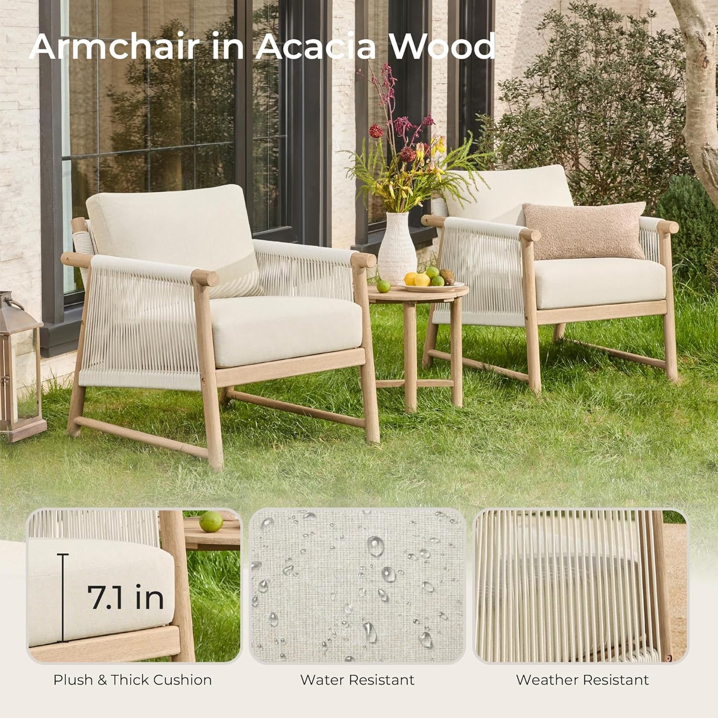 CHITA 3 Pieces Boho Patio Rattan Bistro Set, Outdoor Wicker Chairs & Side Table Set with Acacia Wood Frame(Cream)