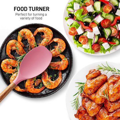 Zulay Kitchen Non-Stick Cooking Utensils Set with Authentic Acacia Wood Handles – 5-Piece Durable & Stylish Silicone Kitchen Utensils Set – Heat Resistant to 464°F – Pink