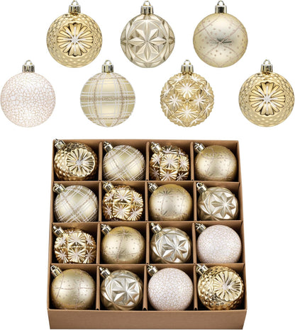Valery Madelyn Ornaments for Christmas Trees, 16ct 2.36 Inches White and Gold Shatterproof Christmas Tree Decorations, Luxury Hanging Ball Ornaments for Xmas Holiday Party Decor