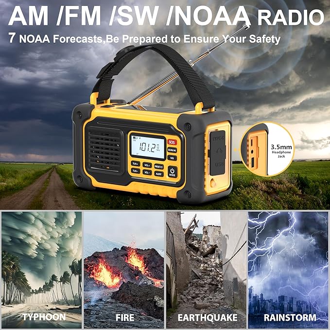 Emergency Weather Radio, AM/FM/SW/NOAA Hand Crank Radio with 37000mWh/10000mAh Portable Large Capacity, USB/Solar/Hand Crank Charging, AAA Battery Operated, SOS Alarm & Flashlight (Yellow)