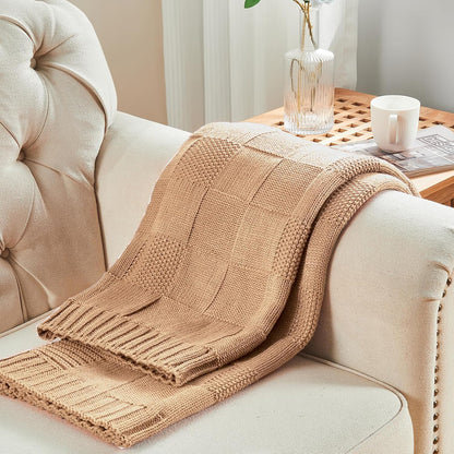 CozeCube Check Knit Throw Blanket, Beige Checkered Throw for Couch, Decorative Christmas Soft Cozy Warm Knitted Blanket for Bed Sofa Living Room, 50"X60"