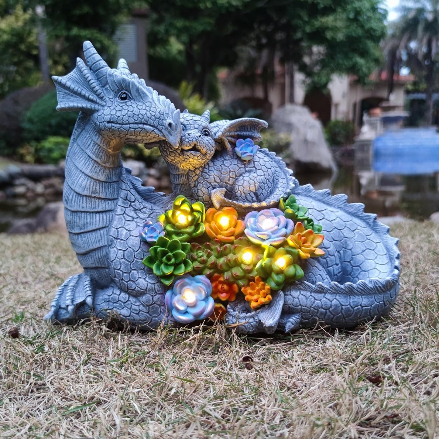 Solar Dragon Statue with LED Lights, Dargon Lover Gifts with Succulent and 6 LED Lights for Outdoor,Solar Dragon Decor for Yard, Garden and Patio, Unique Garden Statue for Mom Grandma