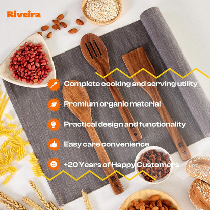 Riveira Walnut Wooden Spoons for Cooking Set of 3 – Natural Walnut Wooden Cooking Utensils, Spatula, Spoon - Premium Quality Utensil Set for Non-Toxic Cooking