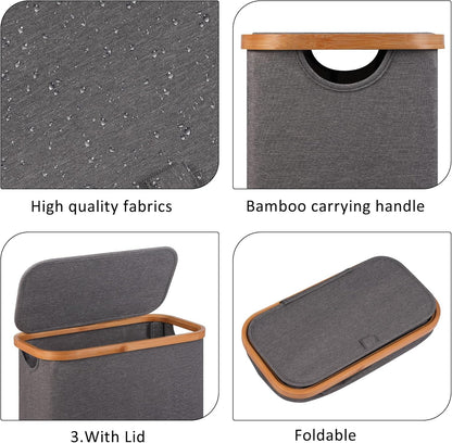 Slim Laundry Basket,60L Laundry Hamper with Lid, Tall Hamper for Laundry,Dirty Cloth Hamper with Bamboo Handle for Toys,Towels, Clothes Organizing,Grey