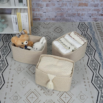Rope storage Basket Bins Woven Basket for Organizing Shelves Rectangle Decorative Baskets For storage Clothes Toys Books Towels Square Wicker Nursery basket organizer 3 pack Oatmeal