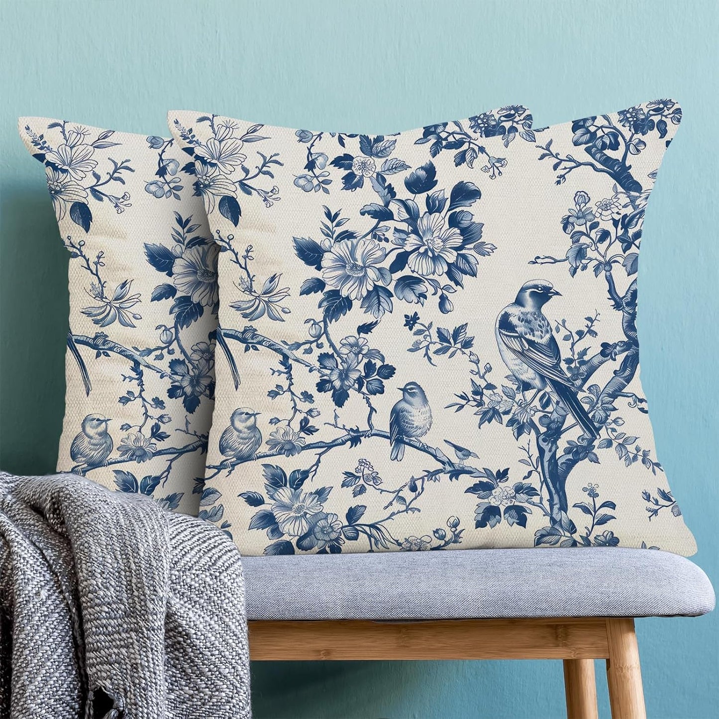 Navy Blue Spring Floral Pillow Covers 18 x 18 Inch Set of 2 for Vintage Chinoiserie Flowers Bird Decor Throw Pillows Plant Farmhouse Outdoor Decorative Cushion Cases for Couch Bed Decorations