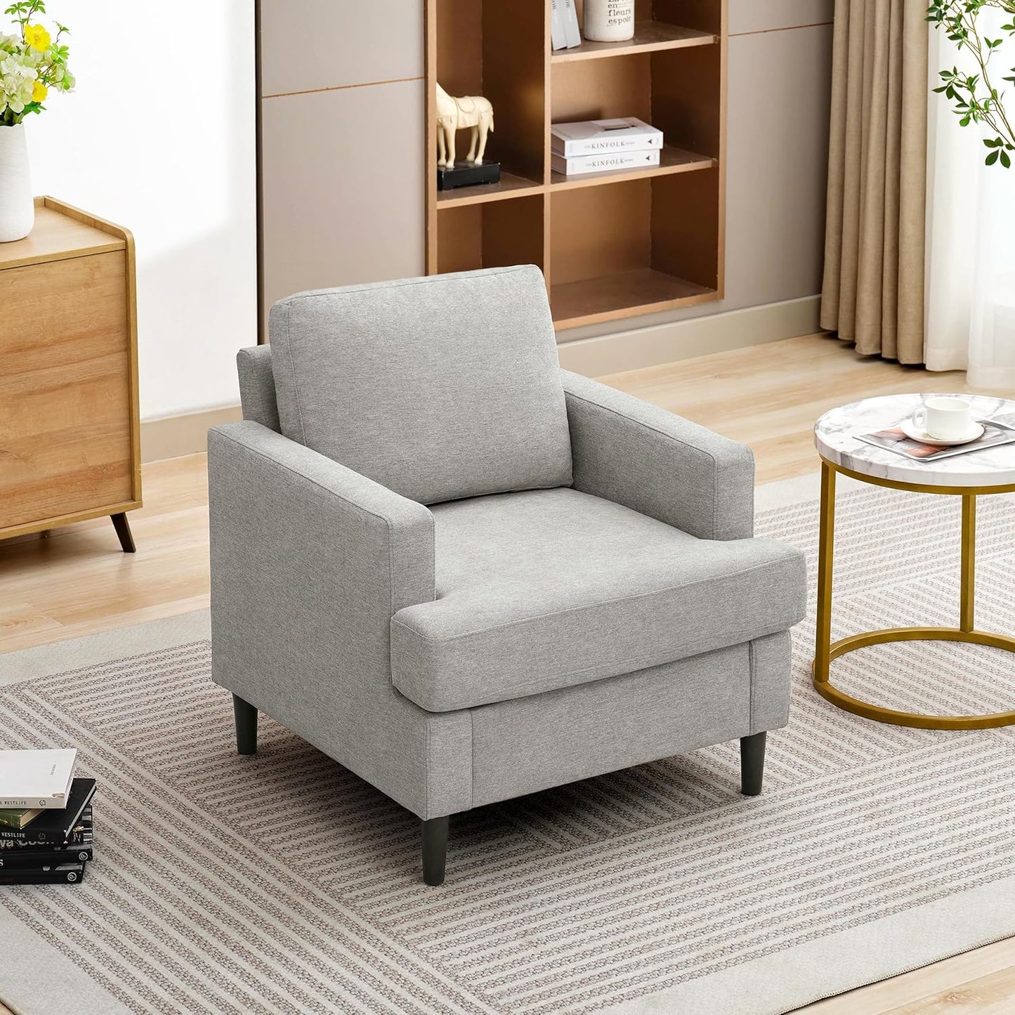 Mid-Century Accent Chair,Modern Linen Fabric Armchair for Living Room,Comfy Upholstered Reading Accent Chairs for Bedroom,Single Sofa Chair with Wood Legs (Light Grey, 1 Pack)