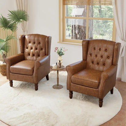 High Back Accent Chairs Set of 2,Upholstered Faux Leather Wingback Armchairs with Solid Wood Legs for Small Spaces,Comfy Single Sofa Chairs for Living Room,Bedroom,Office-Brown