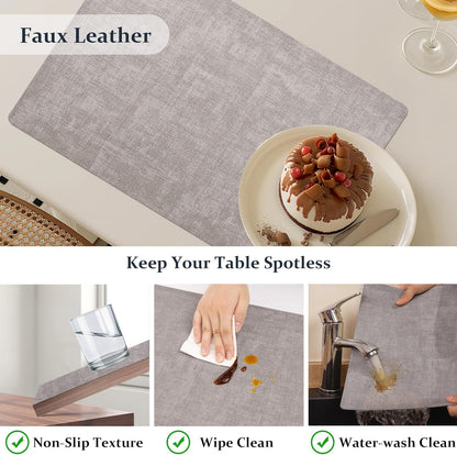 FROMHEART Faux Leather Placemats Set of 4–Waterproof,Heat/Oil Stain-Resistant PU Table Mat–Reversible,Non-Slip,Easy to Clean Place Mats for Kitchen,Dining,Indoor/Outdoor,(Light Grey,11.8" x 17")