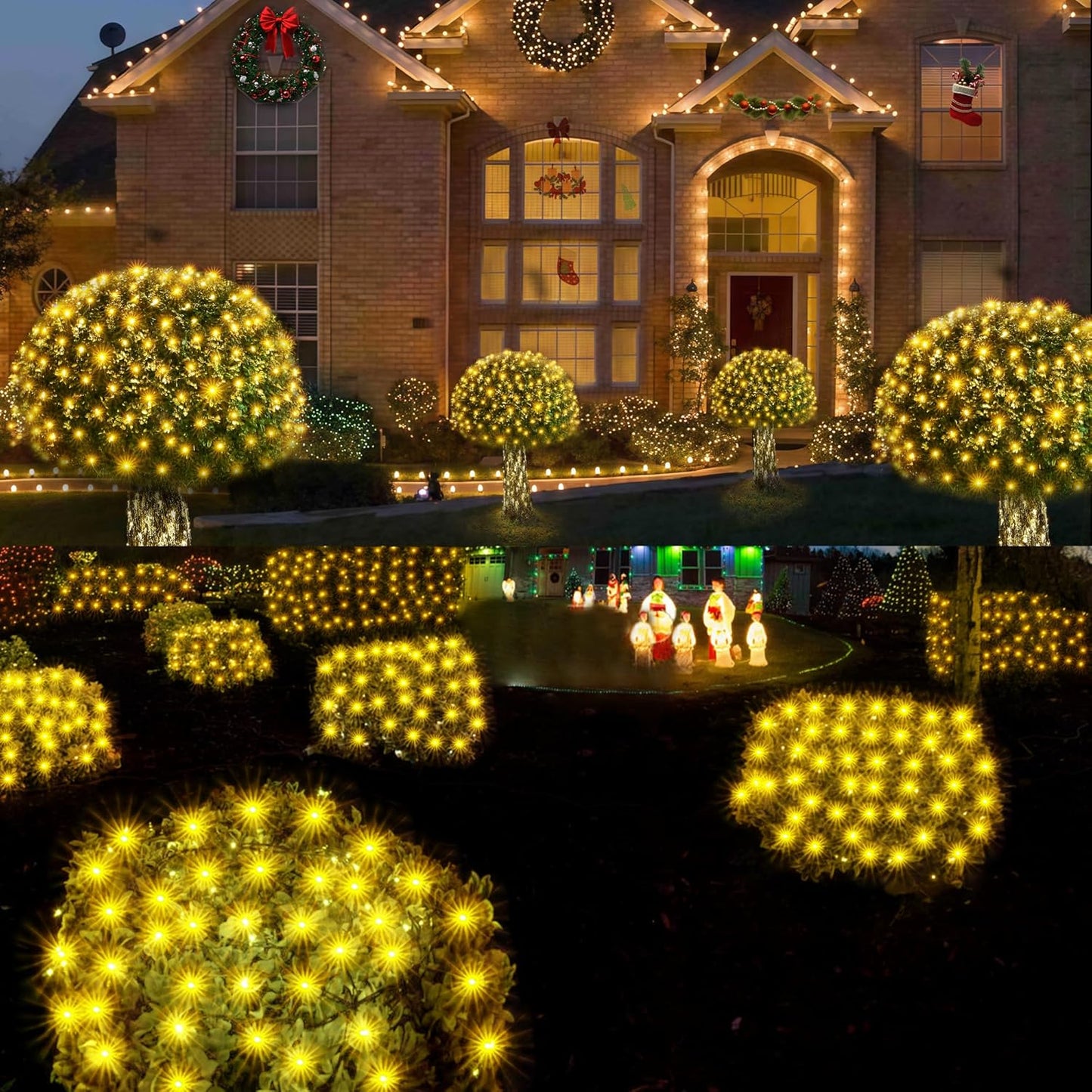 WBao Solar Christmas Net Lights 200LED F8 Big Bulbs, 8.4ft x 5.2ft Christmas Bushes Lights with Remote Control, 8 Modes, Timer, Waterproof for Lawn, Bushes, Outdoor Christmas Decorations, Warm White