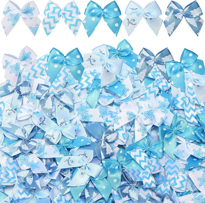 Syhood 150 Pcs Christmas Mini Bow Tiny Twist Tie Bow Handmade Craft Ribbon for DIY Sewing Party Decor(Blue and White,Snowy)