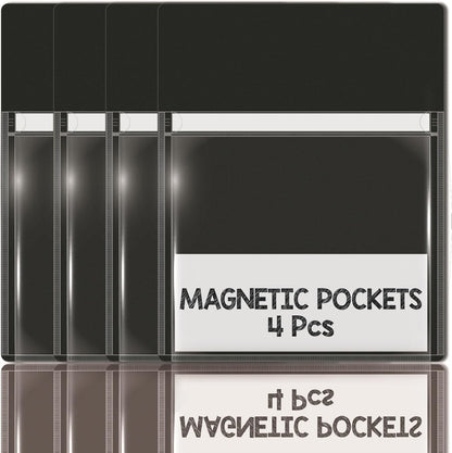 Magnetic Pocket 4 Pack – Self-Adhesive Magnetic Storage Pouch for Documents, Notes & Tools, Strong Magnet Backing for Fridge, Whiteboards, and Metal Surfaces (Black 4Pcs)