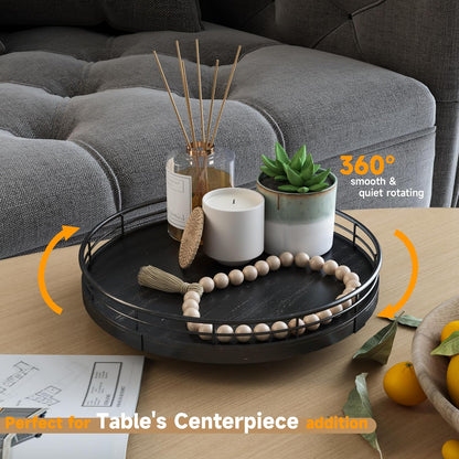 9" Oak Bathroom Vanity Tray Turntable for Perfume Candle, Round Wooden Decorative Tray for Kitchen Sink Countertop Organizer, Bathroom Counter Organizer for Skincare Makeup, Farmhouse Black Gold