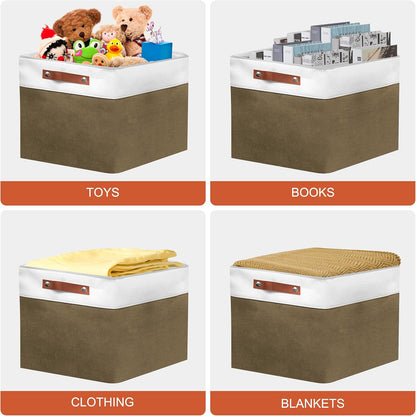 11in Open Fabric Storage Basket with Leather Handles for Organizing, Collapsible Linen Closet Bins for Shelves, Closets, Laundry, Decorative Basket for Gifts. (White＆Brown, 3PCS/11x11in)