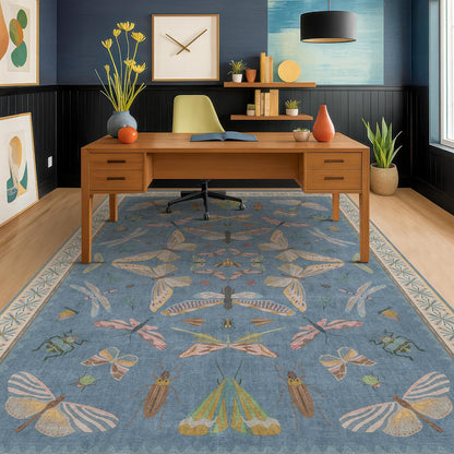 6x9 Blue Floral Rug for Dining Room Table - Area Rugs for Living Room, Bedroom, Insect Moth Art Nouveau Décor, Washable Lightweight Foldable Non Slip