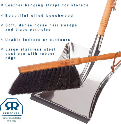 REDECKER Horsehair Fiber Hand Brush and Dust Pan Set - Wooden Broom and Dustpan Set for Home - Outdoor Dust Pan and Brush - Oiled Beechwood Handles - Large Capacity Stainless Steel Dust Pan