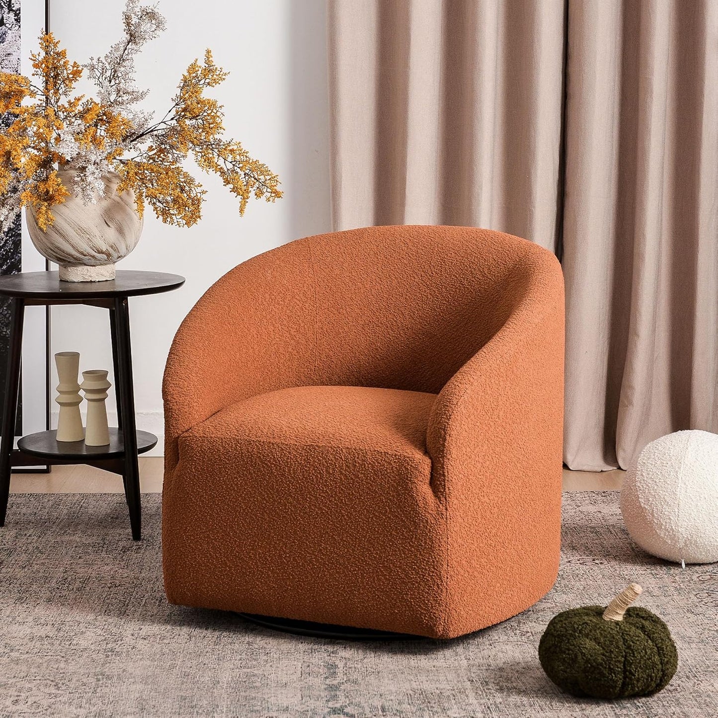 KINWELL 32" Wide Swivel Boucle Accent Chair Armchair, No Assembly Mid-Century Modern Round Upholstered Barrel Chair for Living Room, Bedroom, Office (Caramel)