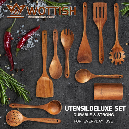 Wooden Spoons for Cooking,Wooden Cooking Utensil Set,10-Piece Wooden Kitchen Utensil Set with Wooden Spoons(A10)