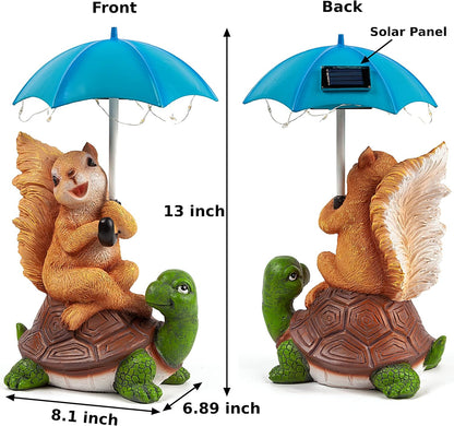 Malister Solar Garden Statue Outdoor Decor - Squirrel Siting on Turtle Statue with String Lights Umbrella for Patio, Garden Decor Garden Art Outdoor Lawn Decor Yard Art, Housewarming Garden Gifts