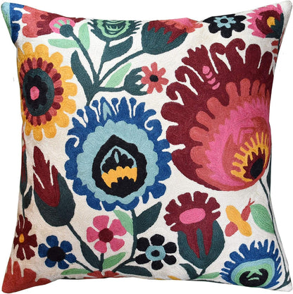 Polish Floral Decorative Pillow Cover Hand Embroidered Cream Flower Pillowcase White Botanical Traditional Outdoor Cushion Suzani Chair Pillowsham Couch Wool 18x18 Inch