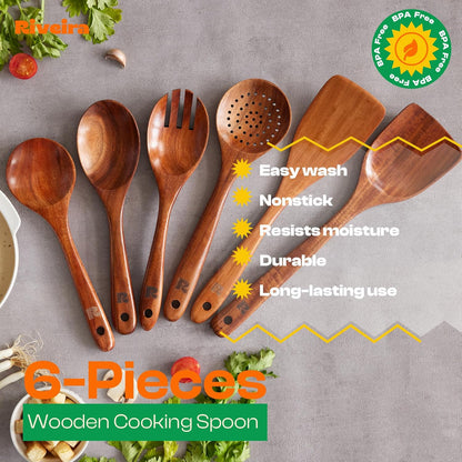 Riveira's 6-Piece Dark Brown Wooden Spoons for Cooking - Elegant Kitchen Essentials/Kitchen Utensils Set for Every Culinary Need Spatula