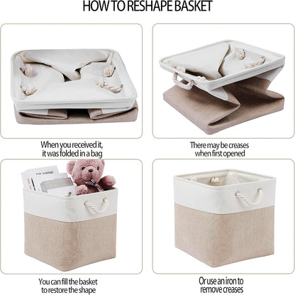 13 x 13 Inch Cube Storage Bins, 4 Pack Large Collapsible Fabric Storage Bin with Ropes, Foldable Storage Cubes for Home, Office,Closet, Clothes, Toys Organizer (White & Beige)