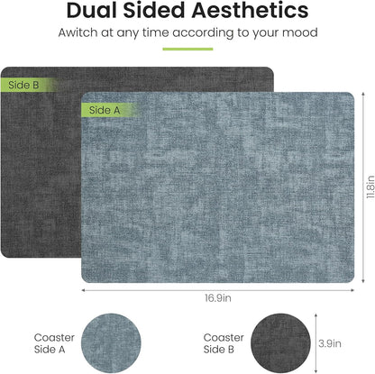 Faux Leather Dual Sided Placemats Set of 6, Square Non-Slip Heat Resistant Placemats with Coaster, Reversible wipeable Waterproof Table Mats for Kitchen, Dining, Outdoor (6, Black Light Blue)