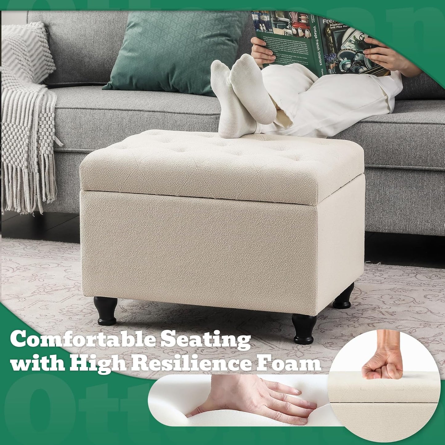 Ottoman with Storage 24'' Storage Ottomans Fabric Ottoman Footstools Small Upholstered Foot Rest Stool for Couch, Living Room, Bedroom, Entrance Shoe Bench Beige